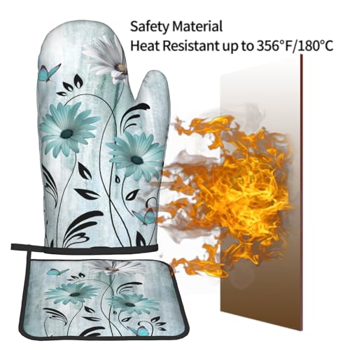 Daisy Floral Oven Mitts and Pot Holder Set of 2 Teal White Flower Heat Resistant Kitchen Mitts Potholders Washable for Cooking Grilling BBQ