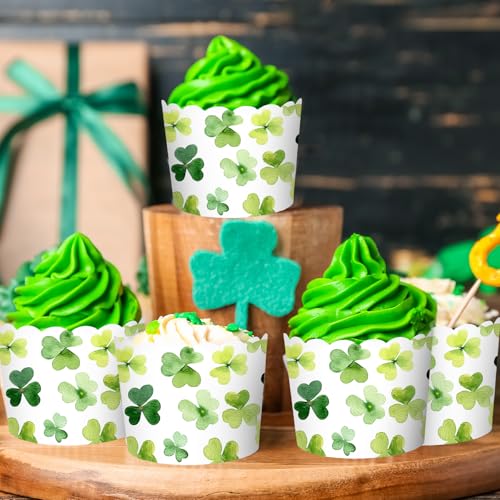 100Pcs St. Patrick's Day Paper Baking Cups Cupcake Wrappers Watercolor Green Shamrock Clover Scalloped Edge Cupcake Muffin Cases for Irish Dessert Decoration (100 Count)