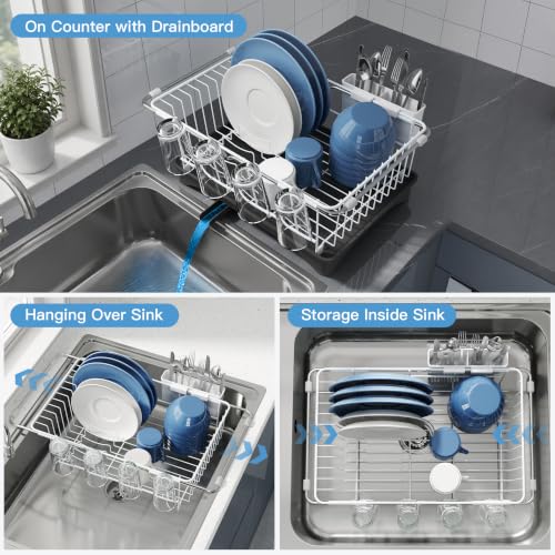 White Dish Drying Rack in Sink with Drainboard and Utensil Holder