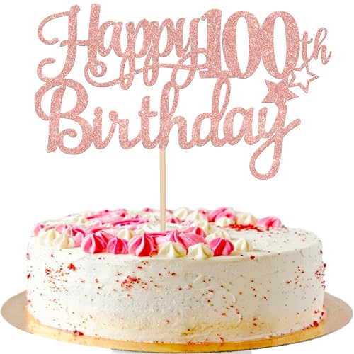 1 PCS Happy 100th Birthday Cake Topper Glitter Cheers to 100 Years Cake Pick Number 100 Fabulous Cake Decoration for 100th Birthday Theme Party Decorations Supplies Rose Gold