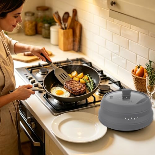 Tall Microwave Splatter Cover Glass Cover Guard Lid 5.8 inch Height with Collapsible Silicone for Food Pot Plate 8.5 inch Light Grey