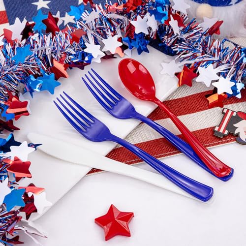200Pcs 4th of July Red Blue Disposable Plastic Silverware (200 Count)