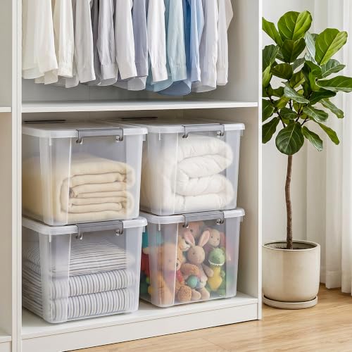 69 QT Plastic Storage Bins with Latching Lids Stackable Storage Containers for Organizing Large Clear Storage Box for Garage (4 Count)