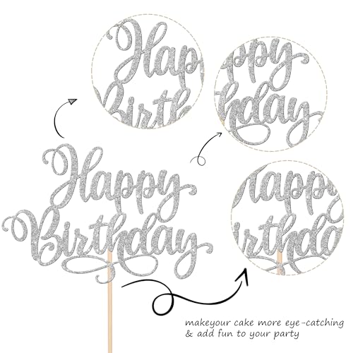 1 PCS Happy Birthday Cake Topper Glitter Happy Birthday Cake Pick for Celebrating Happy Birthday Anniversary Party Cake Decorations Supplies Silver