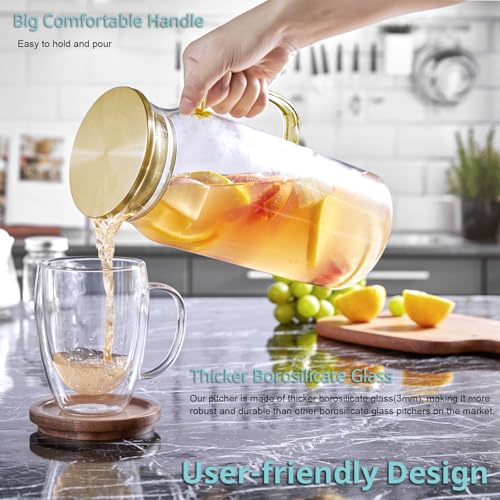 2 Pack 2 Liter 68 oz 2.1 Qt Gold Glass Pitcher with Lid and Handle (2 Count)