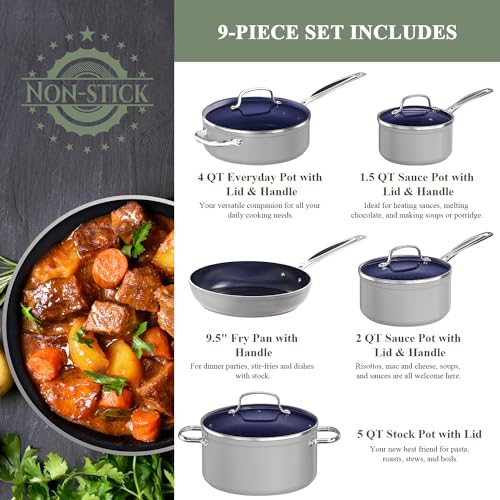 9pc Cookware Set Healthy Duralon Blue Ceramic Nonstick Coated
