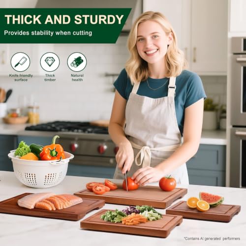 Wooden Cutting Board Set of 4 with Holder Solid Wood Chopping Boards for Kitchen with Juice Grooves Thick Large Cutting Board