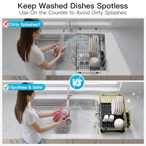 Gray Dish Drying Rack in Sink with Drainboard and Utensil Holder