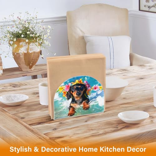 Cute Dachshund Puppy Surfing Napkin Holder for Table Paper Napkins Holder Acrylic Tissue Dispenser Kitchen Dining Room Bathroom Party Car Decor