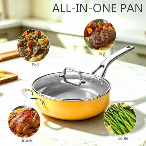 10-in-1 Yellow Ceramic Nonstick Deep Saute Pan Set With Steamer & Lid, 4QT