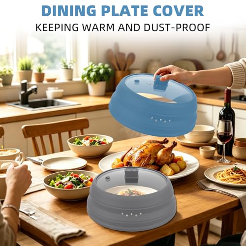 Microwave Splatter Cover Glass Cover Guard Lid with Collapsible Silicone for Food Pot Plate Cover 11.8 inch Blue