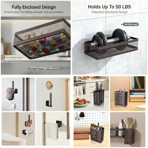 5-in-1 Wide Wall Mount Wrapped Mesh Kitchen Organizer & Shower Caddy Kit, with Paper Towel Holder, Utensil Holder, Soap Dish, Heavy Duty 50LBS - Vintage Bronze, Netting