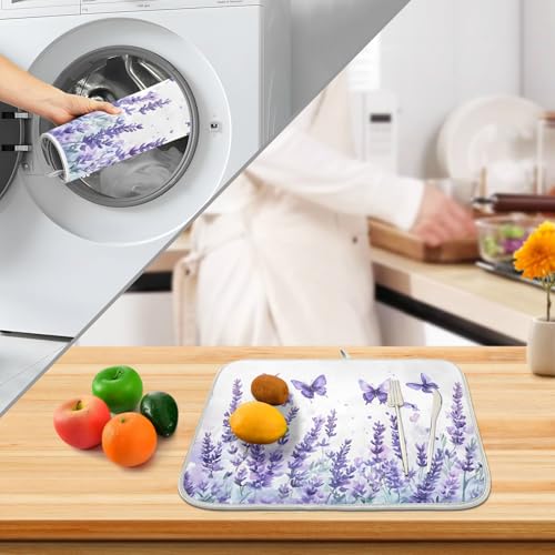 Purple Lavender Spring Summer Flower Floral Dish Drying Mat for Kitchen Counter Absorbent Microfiber Small Drying Pad Dish Mats for Kitchen Countertops 16 x 18 Inch