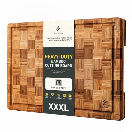 XXX Large Bamboo Cutting Board with Non Slip Feet and Over Sink Butcher Block Chopping Board Nice Solid Thick Wooden Juice Groove Huge Big XXl xlarge Best Hardwood Kitchen Counter Organic