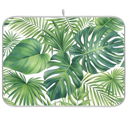 Green Monstera Palm Leaves Dish Drying Mat for Kitchen Counter Absorbent Microfiber Drying Pad