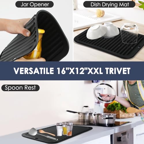 2 Pcs Silicone Trivets Black 16'' X 12'' Nonslip and Heat Resistant Hot Pads Trivets for Hot Pots and Pans Hot Pads for Kitchen (2 Count)