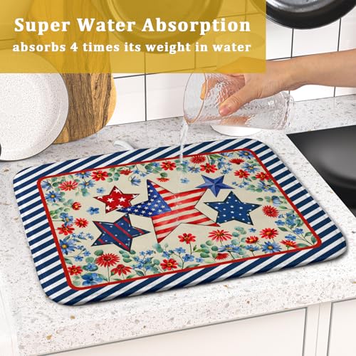 Patriotic Stars Dish Drying Mat for Kitchen Counter 4th of July Holiday Absorbent Reversible Microfiber Dish Pad Small