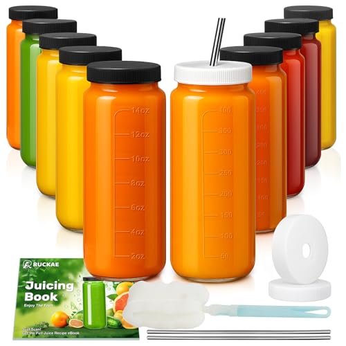 10pack 16oz Glass Juice Bottles with Lids & Straws & Juicing Recipe (10 Count)