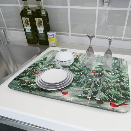 Winter Pine Tree Dish Drying Mat Red Bird Berry Dishes Drainer Mats Absorbent Microfiber Kitchen Counter Protector Drying Mats 18x24 Inch