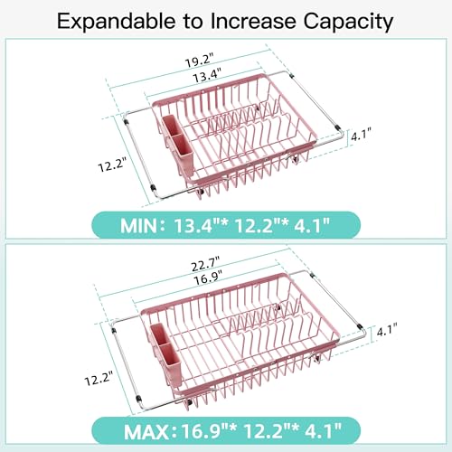 Pink Dish Drying Rack Over the Sink with Utensil Holder