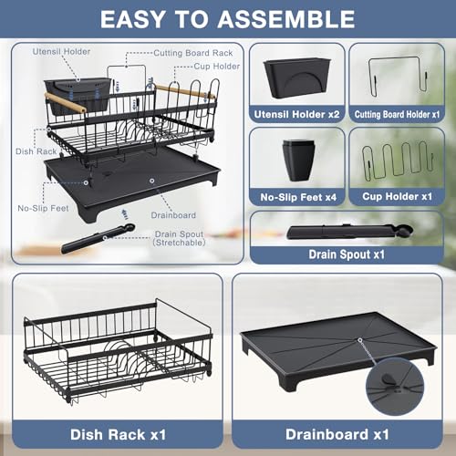Dish Rack for Kitchen Counter with Drainboard Dish Drying Rack Rustproof Carbon Steel