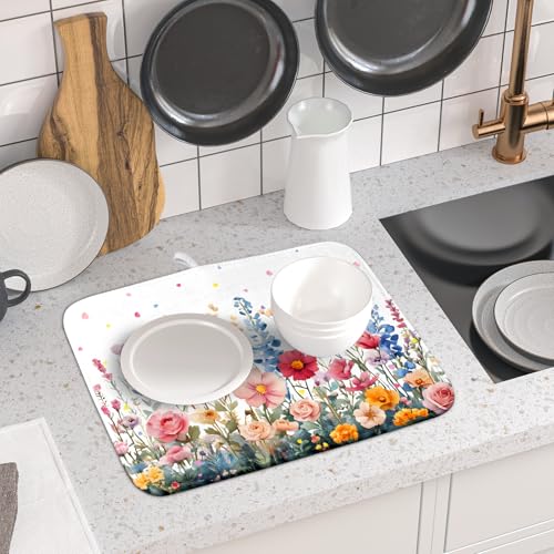 Colorful Flower Dish Drying Mat 16x18 Inch Botanical Floral Drainer Rack Mats Washable Absorbent Dish Dry Pad for Kitchen Counter Sink