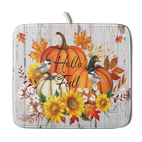 Hello Fall Dish Drying Mat for Kitchen Counter 16x18 Inch Orange Pumpkin Absorbent Drying Pad with Hanging Loop Autumn Home Decoration