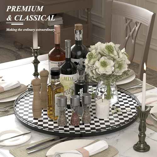 24 Inch Black and White Checkerboard Lazy Susan Decorative Tray