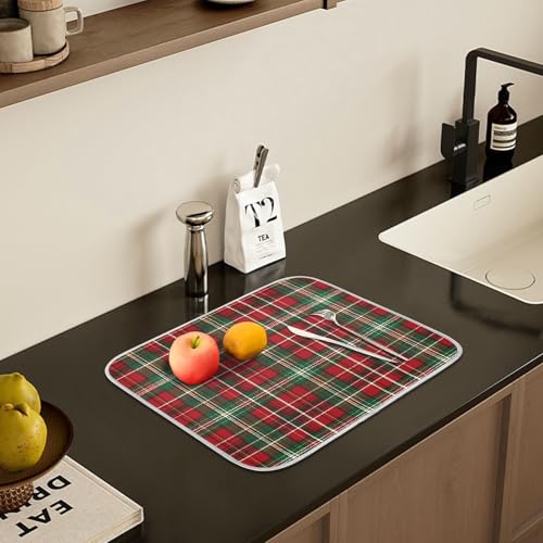 Christmas Red Green Buffalo Checkered Dish Drying Mat for Kitchen Counter Absorbent Microfiber Small Drying Pad Dish Mats for Kitchen Countertops 16 x 18 Inch