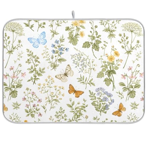 Herbs Flowers Botanical Butterfly Dish Drying Mat for Kitchen Counter Absorbent Microfiber Drying Pad
