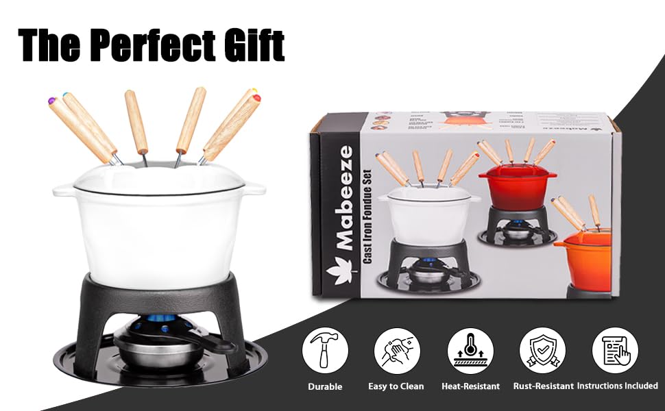 Cast Iron Fondue Pot Set White Enameled 1.6 Qt for Cheese