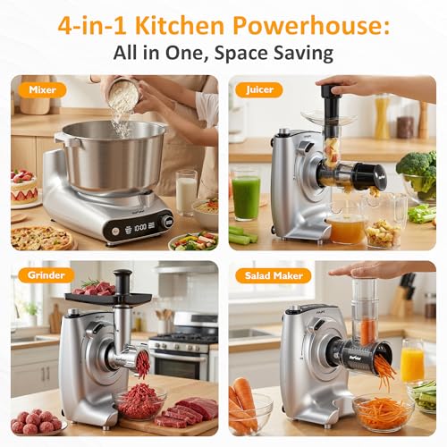 4-in-1 Multifunctional Stand Mixer, Electric Dough Mixer with 5.3 Quart Stainless Steel Bowl, Electric Stand Mixer for Baking & Home Cooking, with Meat Grinder, Juice Blender & Salad Maker (169.6 Fl Oz)