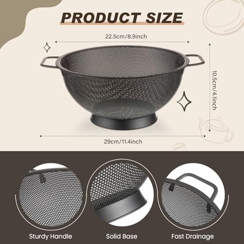 4 Quart Black Colander and 3 Metal Fine Mesh Strainer Set (4 Count)