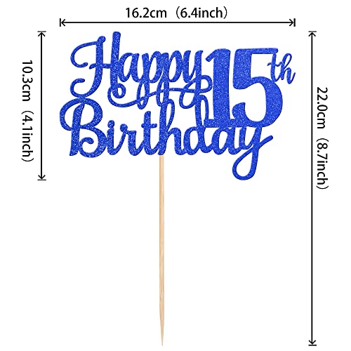 1 PCS Happy 15th Birthday Cake Topper Glitter Cheers to 15 Years Birthday Cake Pick Mis Quince 15 Fabulous Cake Decoration for Happy 15th Birthday Theme Party Decorations Supplies Blue
