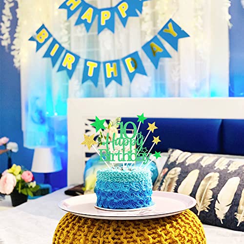 Green Gold 10th Birthday Cake Topper with Glittery Stars (7 Count)