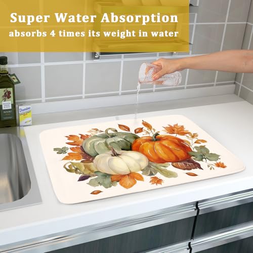 Fall Pumpkin Dish Drying Mat Autumn Leaves Absorbent Dishes Pad 18x24 Inch Seasonal Microfiber Dish Drainer Rack Mat for Kitchen Countertop