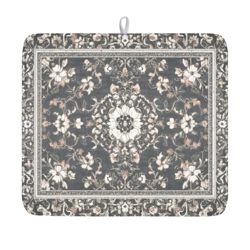 Boho Floral Dish Drying Mat Grey Leaves Dishes Drainer Pad 16x18 Inch Microfiber Absorbent Kitchen Dry Rack Mat for Counter Tableware Decor