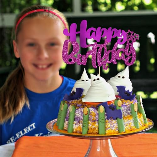 1Pcs Happy Birthday Cake Topper Glitter Happy Birthday Cake Pick Decorations for Celebrating Baby Shower Theme Kids Boys Girls Anniversary Party Decorations Supplies Purple