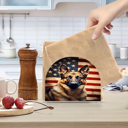 Dog German Shepherd American Flag Napkin Holder for Table Paper Napkins Holder Acrylic Tissue Dispenser Kitchen Dining Room Bathroom Party Car Decor