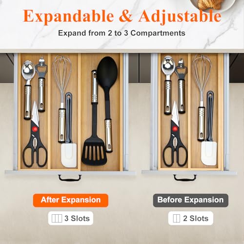 Large Bamboo Kitchen Utensil Drawer Organizer Expandable Silverware Tray
