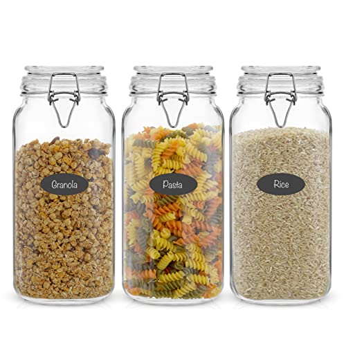 Airtight Glass Jars with Lids Set of 3. 78oz Glass Jar with Lid and 6 Silicone Seals! Large Glass Food Storage Containers. Square Mason Jar (3 Count)