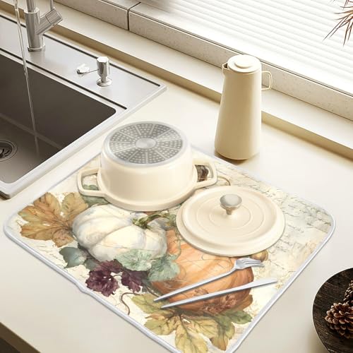 Autumn Pumpkin Fall Leaves Thanksgiving Dish Drying Mat for Kitchen Counter Absorbent Microfiber Large Drying Pad Dish Mats for Kitchen Countertops 18 x 24 Inch