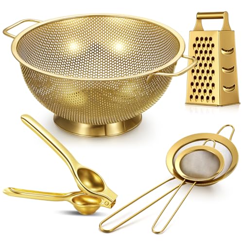 5 Pcs Gold Kitchen Appliances Includes 4 Quart Gold Colander and 2 Pcs Strainer Set (5 Count)