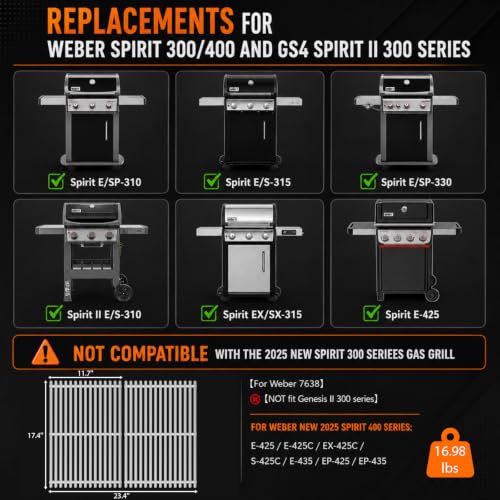 9.5MM 17.5" Grill Grates for Weber Spirit 300 & GS4 Spirit II 300 Series