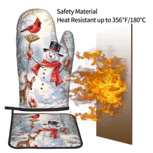Winter Snowman Oven Mitts and Pot Holder Set of 2 Red Bird Berry Decorative Oven Gloves Heat Resistant Kitchen Hot Pads for Baking Cooking