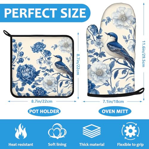 Blue Bird Blooming Flower Oven Mitts and Pot Holders Sets Heat Resistant 4Pcs Potholders Oven Gloves Hot Pads for Kitchen Baking Cooking Grilling BBQ (4 Count)