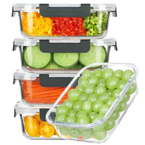 5 Pack 35 Oz Glass Food Storage Containers with Lids (5 Count)