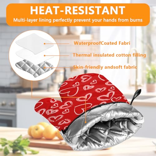 White Love Hearts Oven Mitts and Valentine's Day Pot Holders Sets 4Pcs