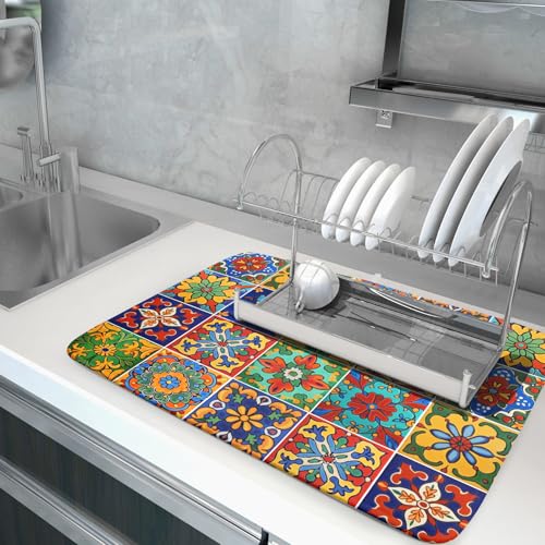 Mexican Tiles Dish Drying Mat for Kitchen Counter Absorbent Microfiber Dish Drying Pad Kitchen Gadgets Multi