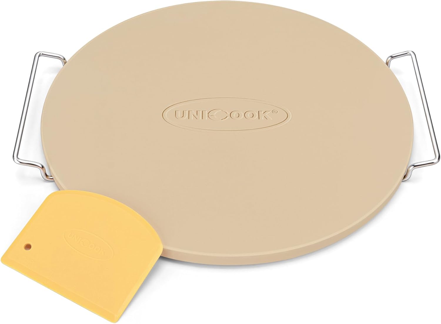 Unicook 12 Inch Round Pizza Stone for Oven and Grill, Cordierite Bread Baking Stone, Baking Crispy Pizzas, Bread and Cookies, Includes Carry Rack and Dough Scraper - Culinary Roots